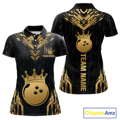 Front and back view personalized bowling polo shirt with a crowned bowling ball centered among geometric gold patterns across a black layout.