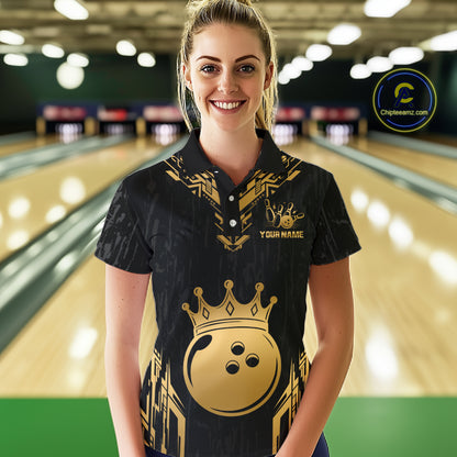 Women wearing personalized bowling polo shirt with a crowned bowling ball centered among geometric gold patterns across a black layout.