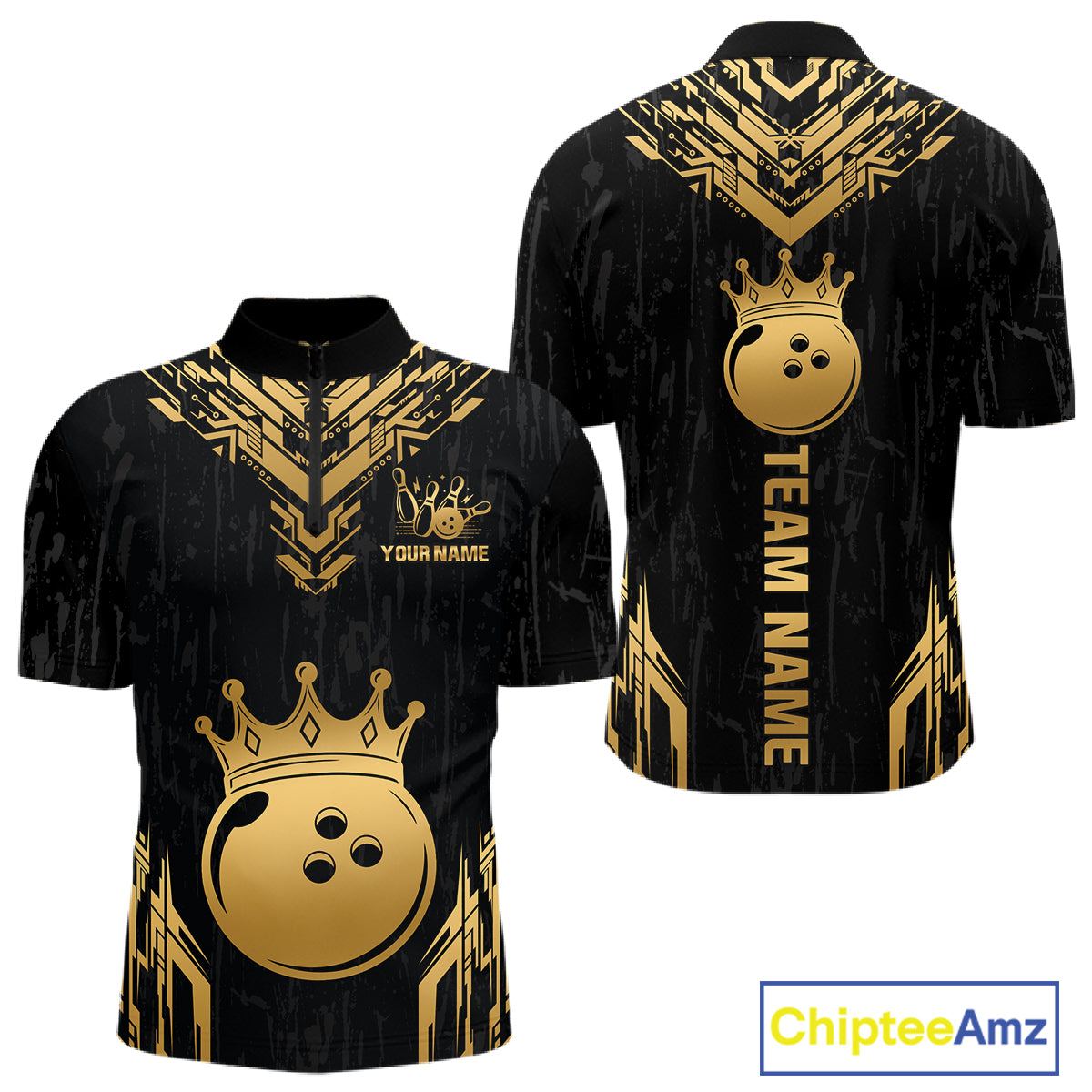 Front and back view personalized bowling quarter zip shirt with a crowned bowling ball centered among geometric gold patterns across a black layout.