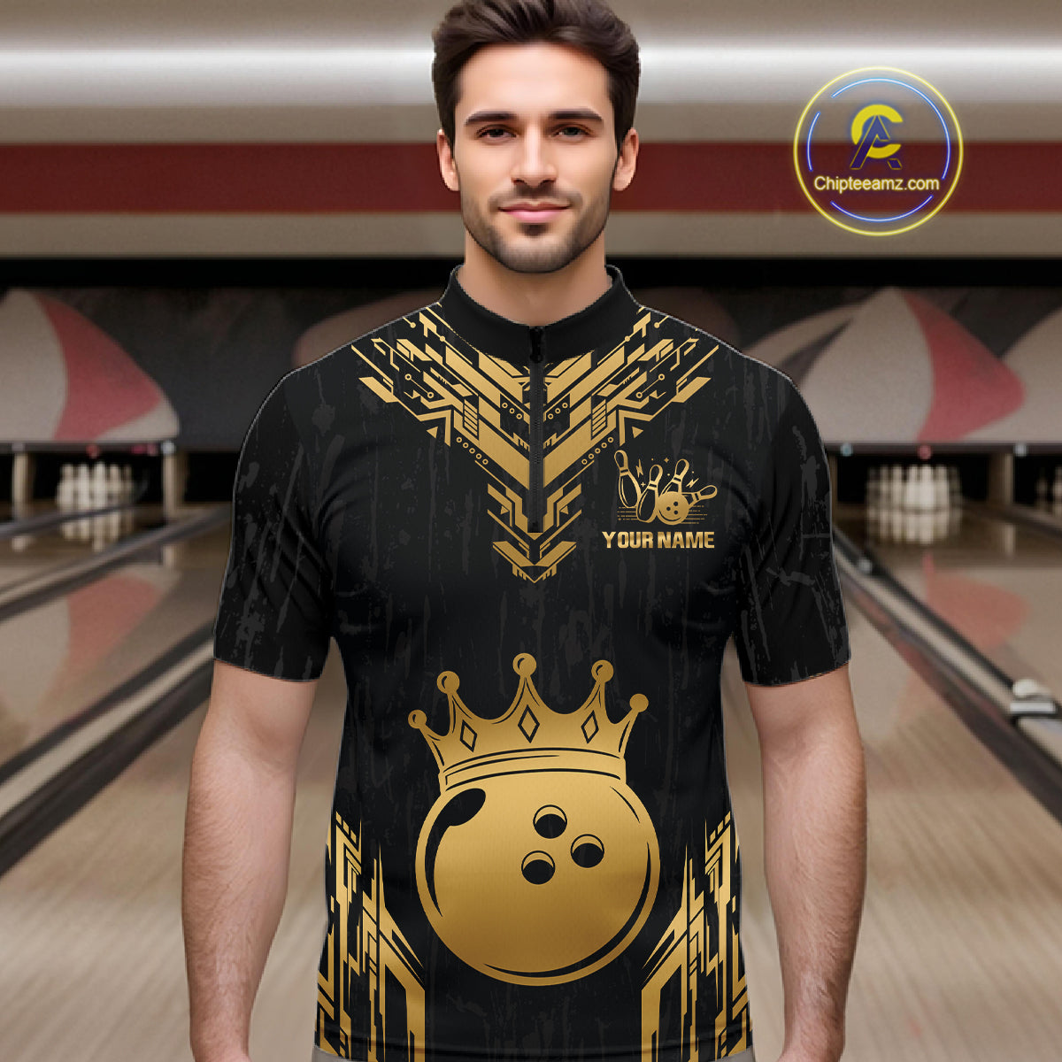 Men wearing personalized bowling quarter zip shirt with a crowned bowling ball centered among geometric gold patterns across a black layout.