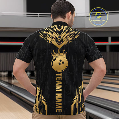 Men wearing personalized bowling quarter zip shirt with a crowned bowling ball centered among geometric gold patterns across a black layout.