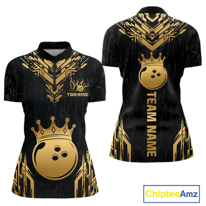 Front and back view personalized bowling quarter zip shirt with a crowned bowling ball centered among geometric gold patterns across a black layout.