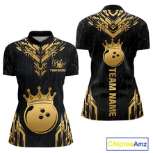 Load image into Gallery viewer, Front and back view personalized bowling quarter zip shirt with a crowned bowling ball centered among geometric gold patterns across a black layout.