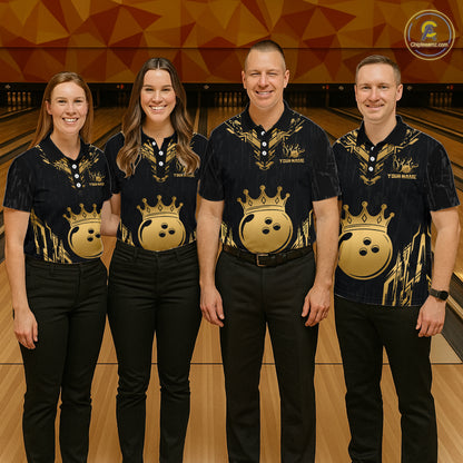 Four people wearing personalized bowling polo shirt with a crowned bowling ball centered among geometric gold patterns across a black layout.