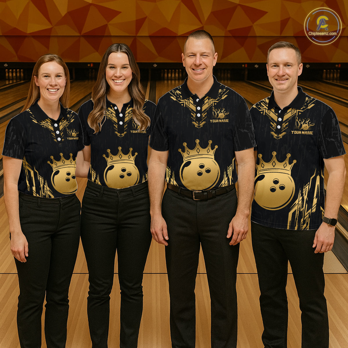 Four people wearing personalized bowling polo shirt with a crowned bowling ball centered among geometric gold patterns across a black layout.