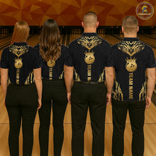 Load image into Gallery viewer, Four people wearing personalized bowling polo shirt with a crowned bowling ball centered among geometric gold patterns across a black layout.