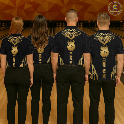 Four people wearing personalized bowling polo shirt with a crowned bowling ball centered among geometric gold patterns across a black layout.