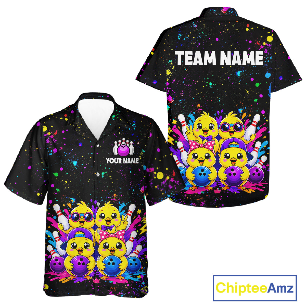 Front and back view personalized bowling hawaiin shirt with cartoon chicks holding bowling balls, framed by pins and colorful paint patterns on a black layout.