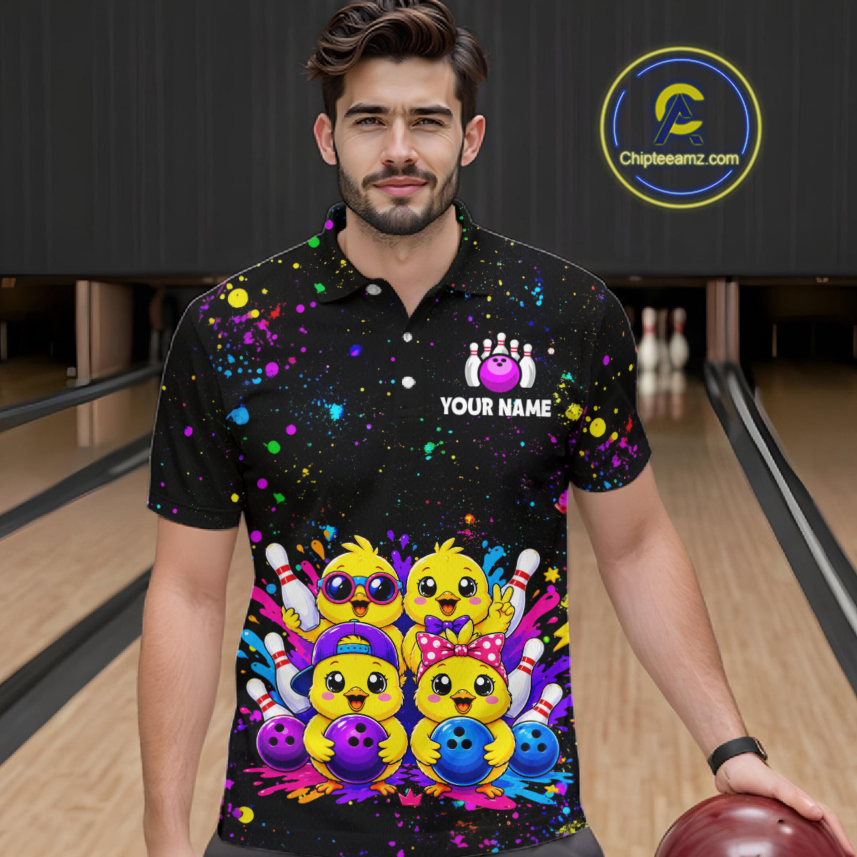 Men wearing personalized bowling polo shirt with cartoon chicks holding bowling balls, framed by pins and colorful paint patterns on a black layout.
