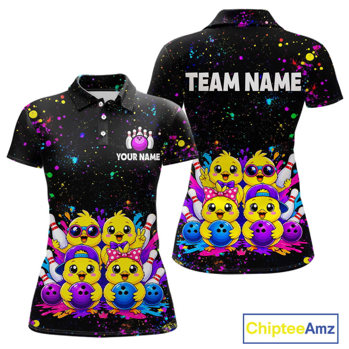 Front and back view personalized bowling polo shirt with cartoon chicks holding bowling balls, framed by pins and colorful paint patterns on a black layout.