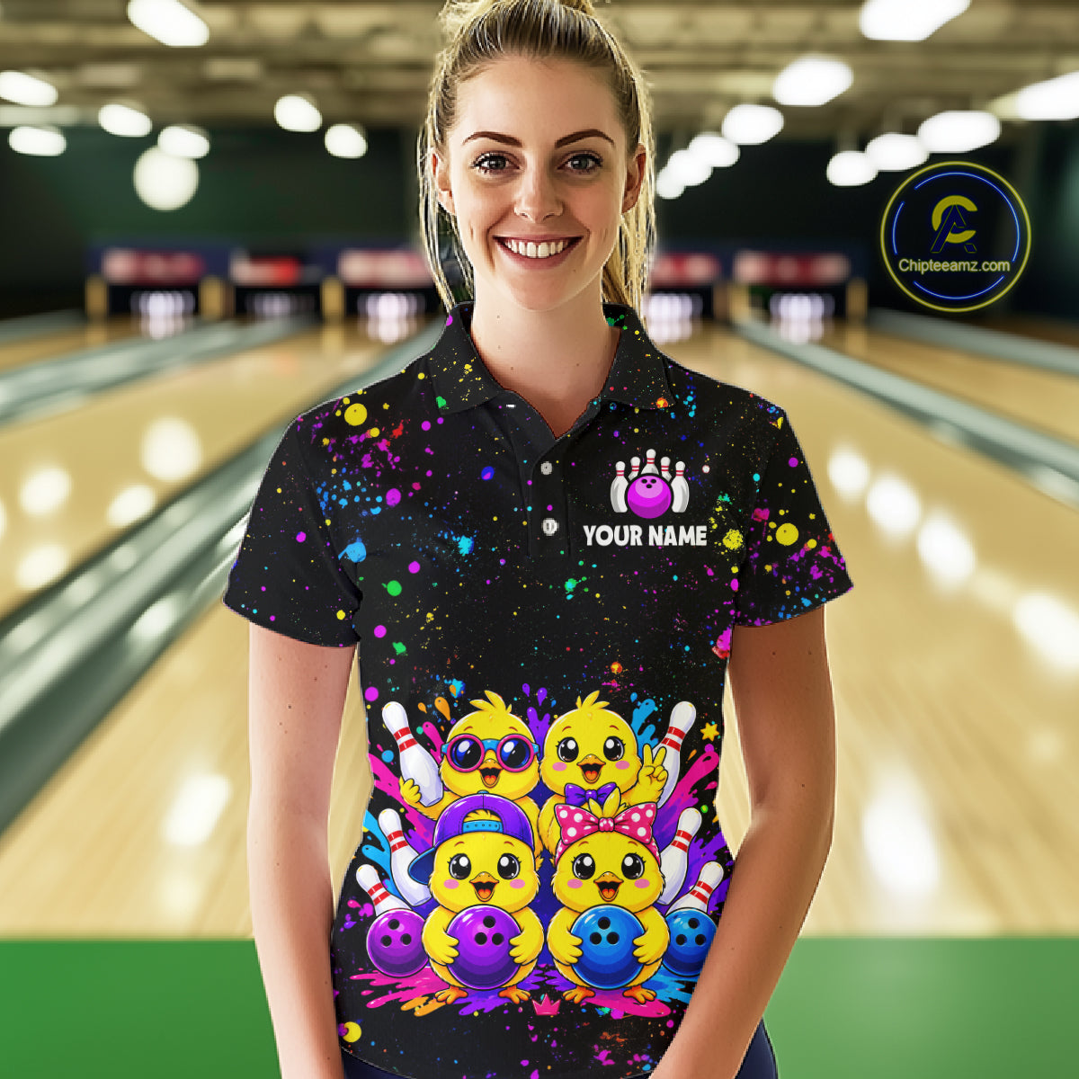 Women wearing personalized bowling polo shirt with cartoon chicks holding bowling balls, framed by pins and colorful paint patterns on a black layout.