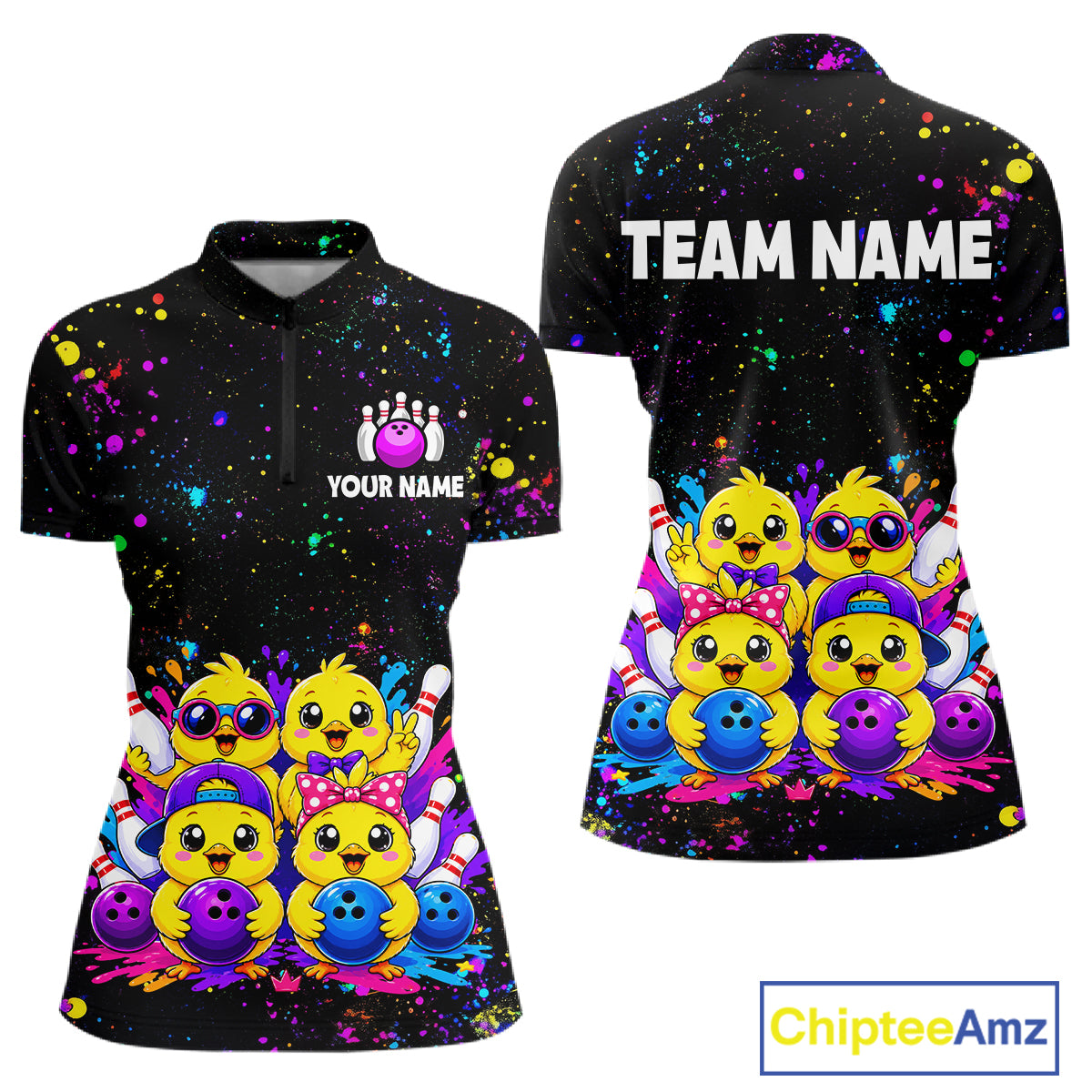 Front and back view personalized bowling quarter zip shirt with cartoon chicks holding bowling balls, framed by pins and colorful paint patterns on a black layout.