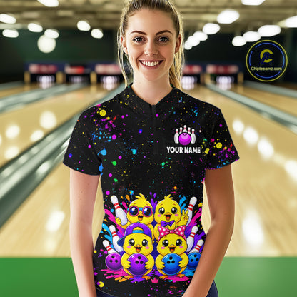 Women wearing personalized bowling quarter zip shirt with cartoon chicks holding bowling balls, framed by pins and colorful paint patterns on a black layout.