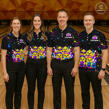 Four people wearing personalized bowling polo shirt with cartoon chicks holding bowling balls, framed by pins and colorful paint patterns on a black layout.