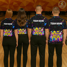 Load image into Gallery viewer, Four people wearing personalized bowling polo shirt with cartoon chicks holding bowling balls, framed by pins and colorful paint patterns on a black layout.