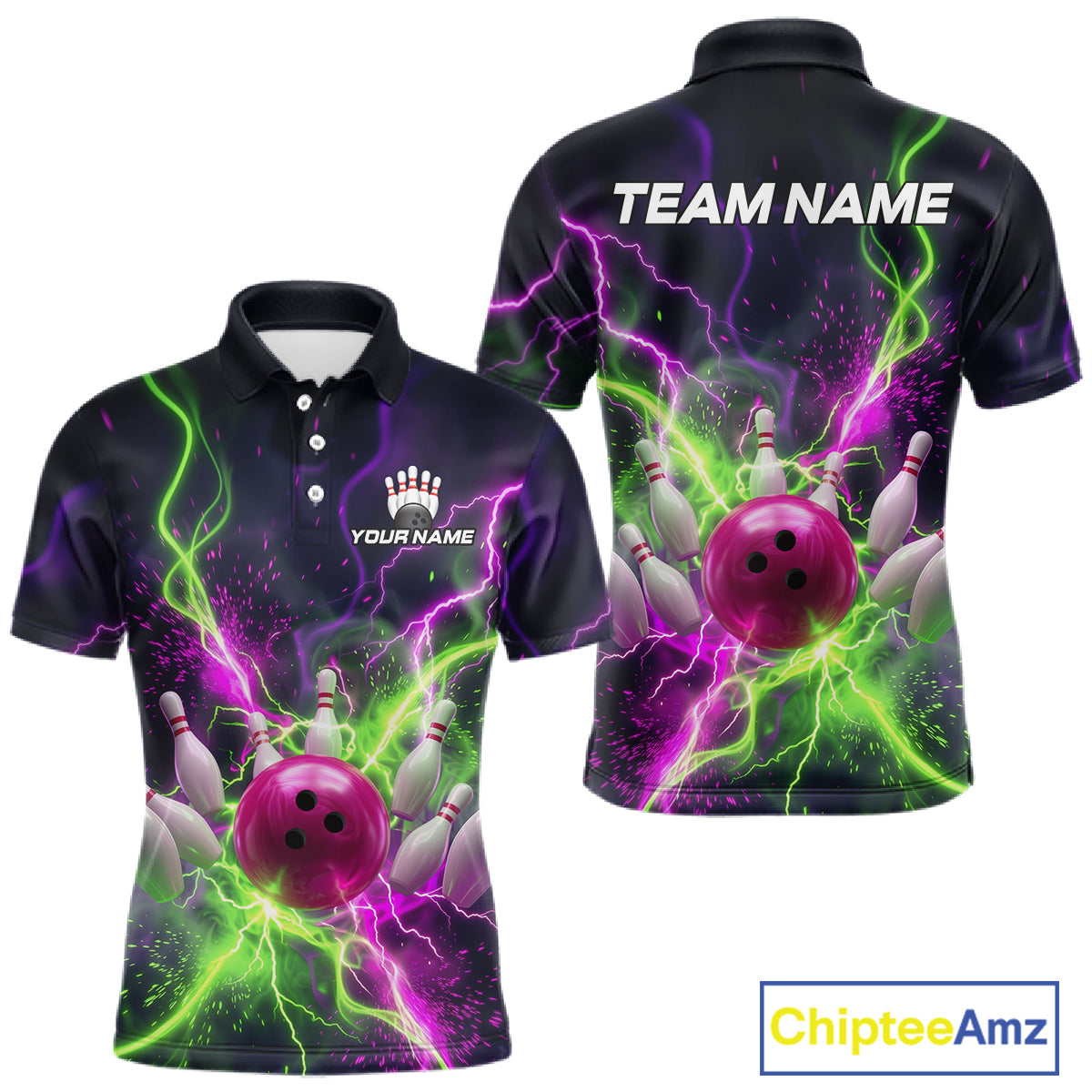 Front and back personalized bowling polo with pink ball, scattered pins, neon lightning, team name, and player name on black background