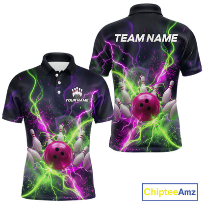 Front and back personalized bowling polo with pink ball, scattered pins, neon lightning, team name, and player name on black background