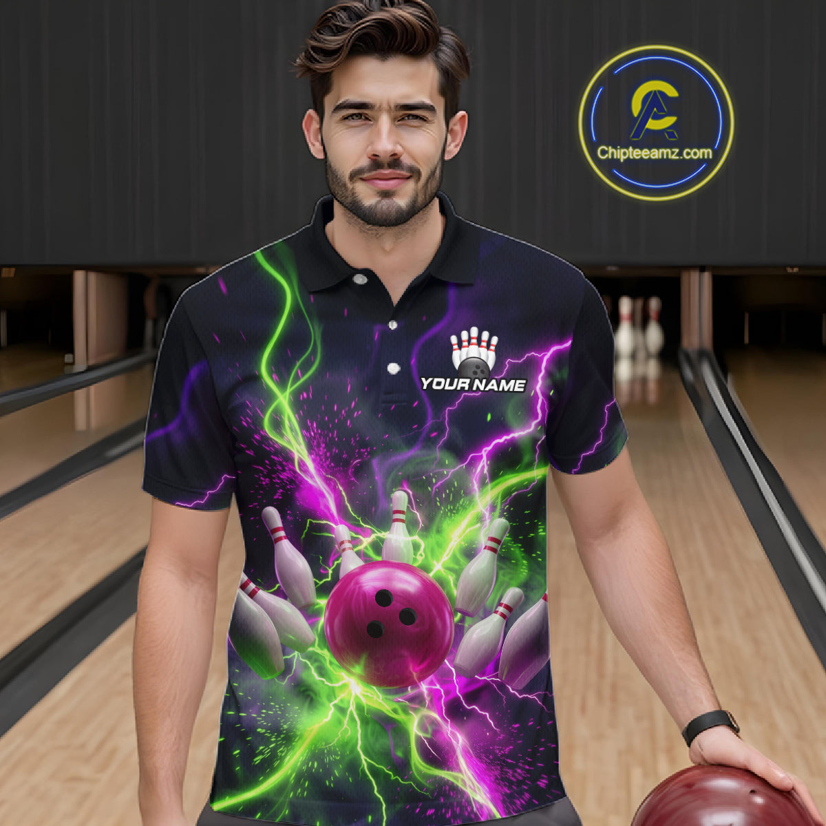 Men wearing personalized bowling polo with pink ball, scattered pins, neon lightning, team name, and player name on black background