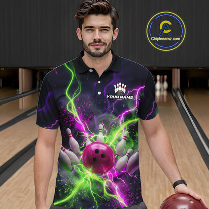 Men wearing personalized bowling polo with pink ball, scattered pins, neon lightning, team name, and player name on black background