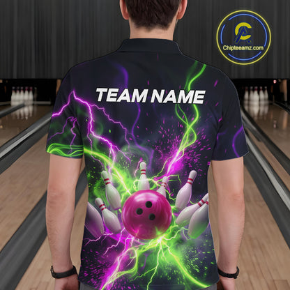 Men wearing personalized bowling polo with pink ball, scattered pins, neon lightning, team name, and player name on black background
