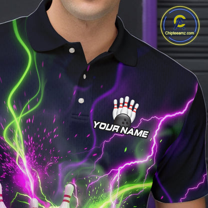 Personalized bowling polo with pink ball, scattered pins, neon lightning, team name, and player name on black background