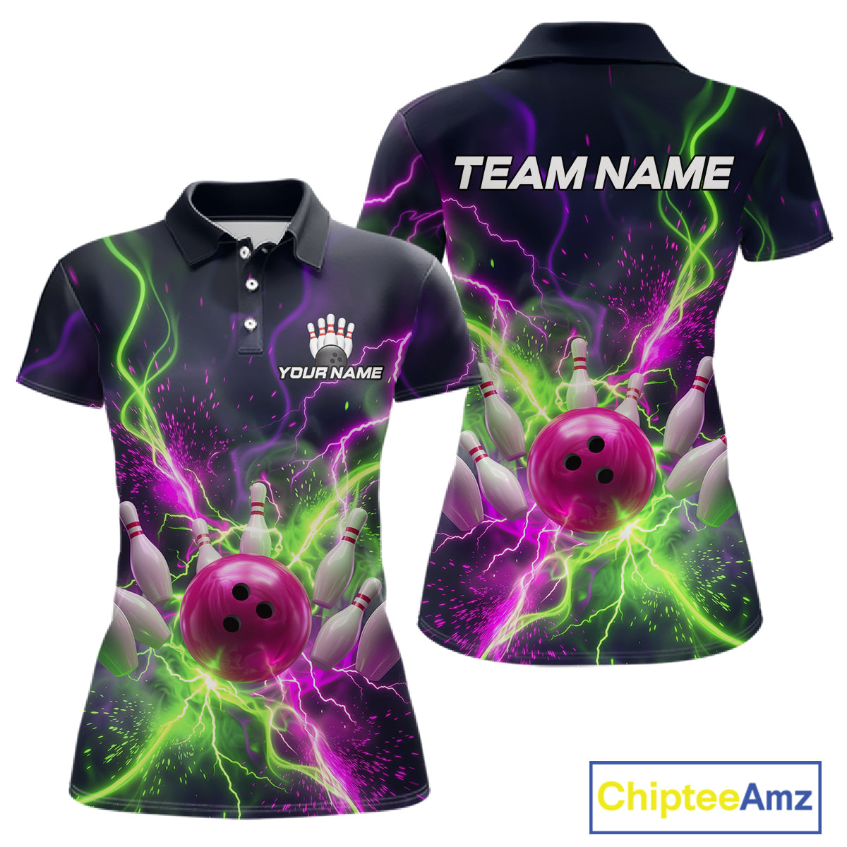 Front and back personalized bowling polo with pink ball, scattered pins, neon lightning, team name, and player name on black background