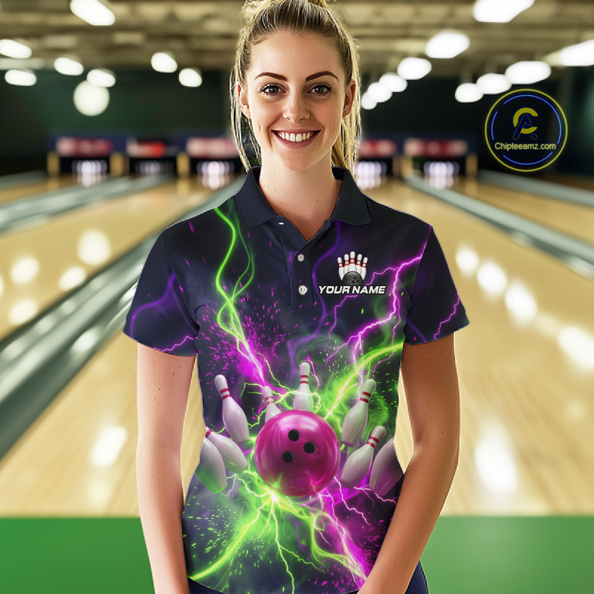 Women wearing personalized bowling polo with pink ball, scattered pins, neon lightning, team name, and player name on black background