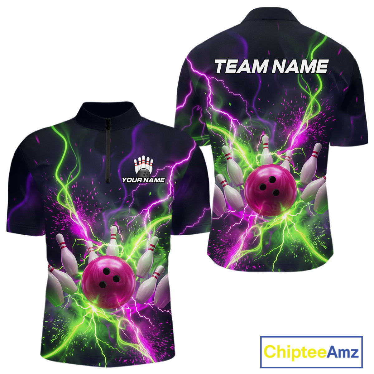 Front and back personalized bowling quarter zip with pink ball, scattered pins, neon lightning, team name, and player name on black background