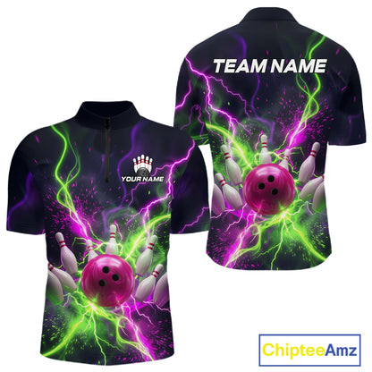 Front and back personalized bowling quarter zip with pink ball, scattered pins, neon lightning, team name, and player name on black background