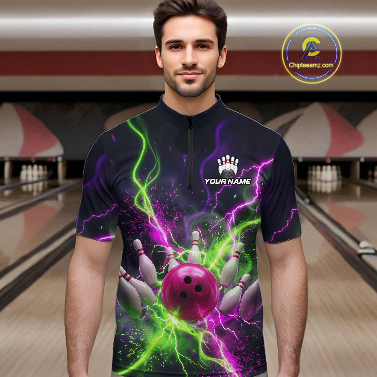 Men wearing personalized bowling quarter zip with pink ball, scattered pins, neon lightning, team name, and player name on black background