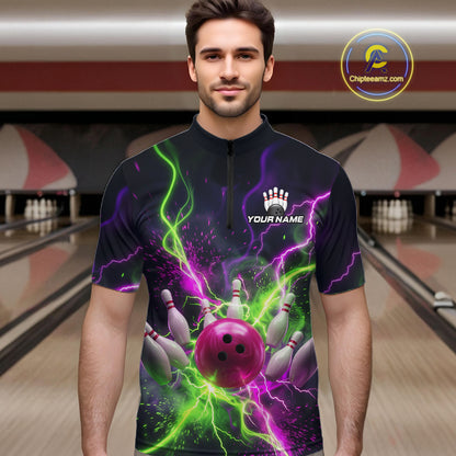 Men wearing personalized bowling quarter zip with pink ball, scattered pins, neon lightning, team name, and player name on black background