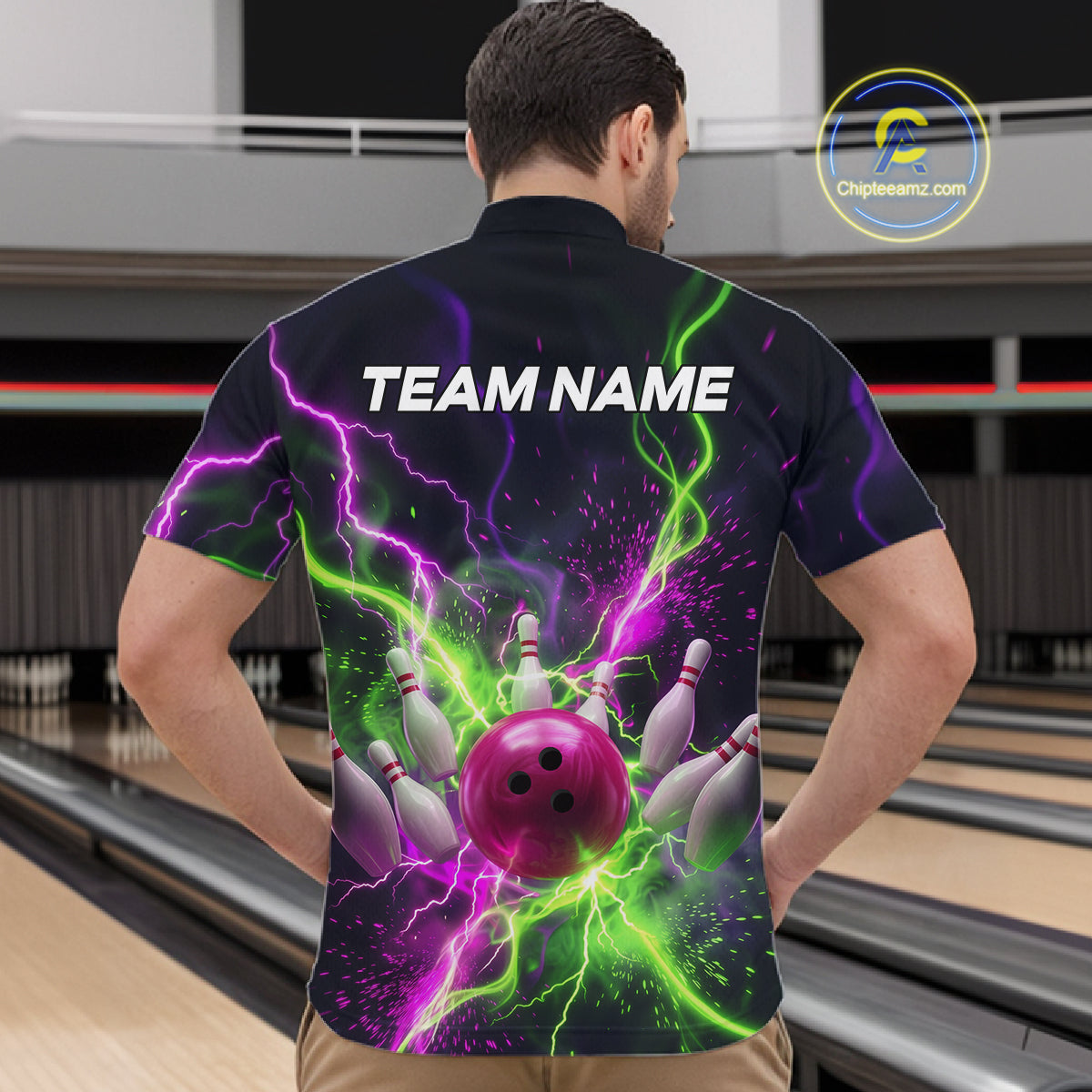 Men wearing personalized bowling quarter zip with pink ball, scattered pins, neon lightning, team name, and player name on black background