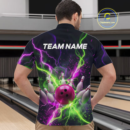 Men wearing personalized bowling quarter zip with pink ball, scattered pins, neon lightning, team name, and player name on black background