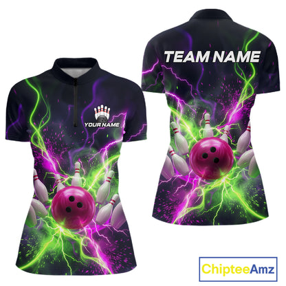 Front and back personalized bowling quarter zip with pink ball, scattered pins, neon lightning, team name, and player name on black background