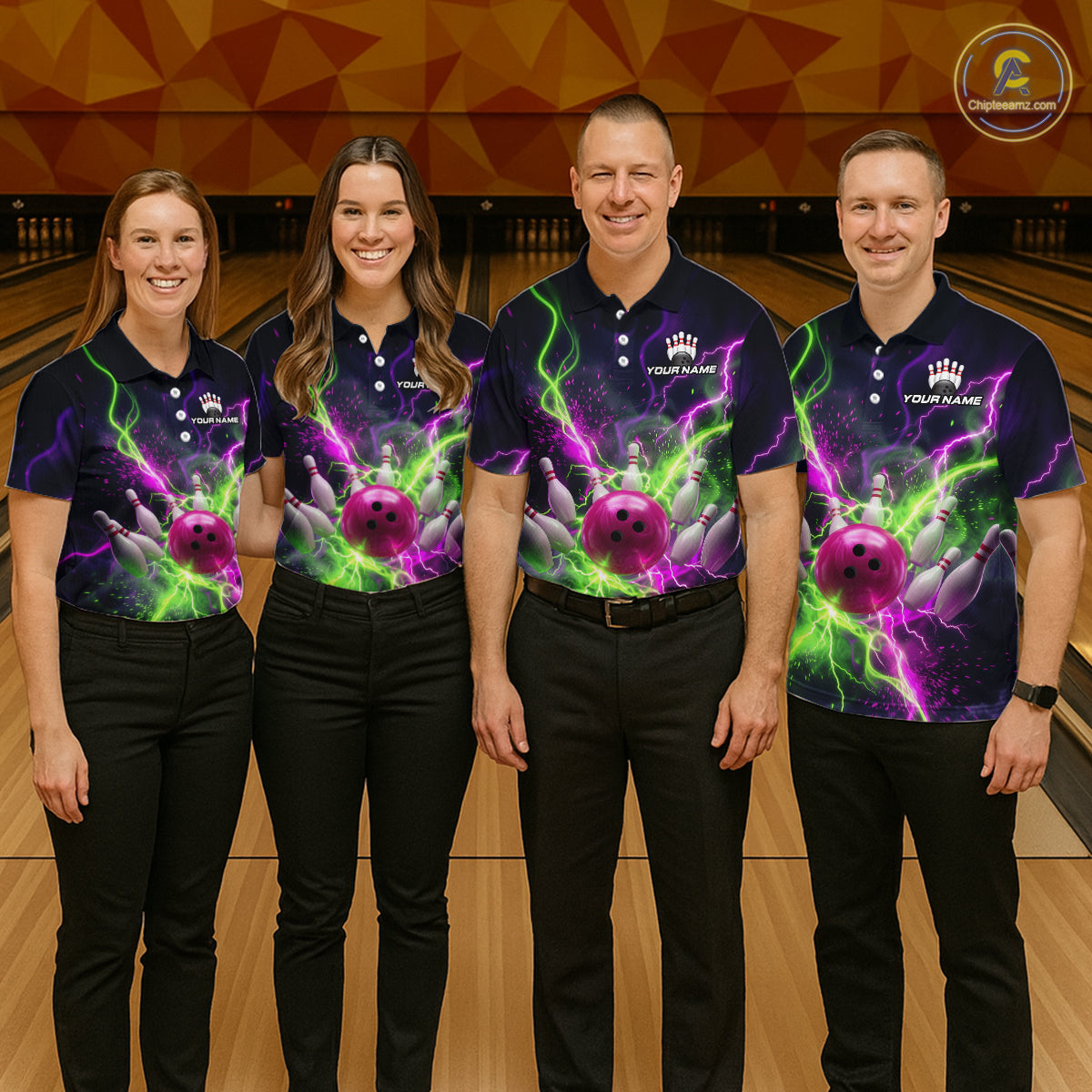 Four people wearing personalized bowling polo with pink ball, scattered pins, neon lightning, team name, and player name on black background