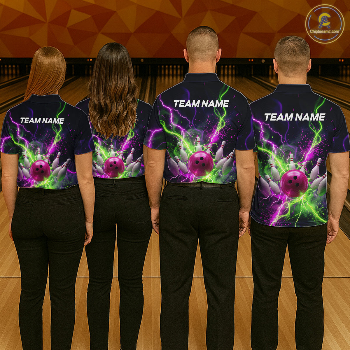 Four people wearing personalized bowling polo with pink ball, scattered pins, neon lightning, team name, and player name on black background