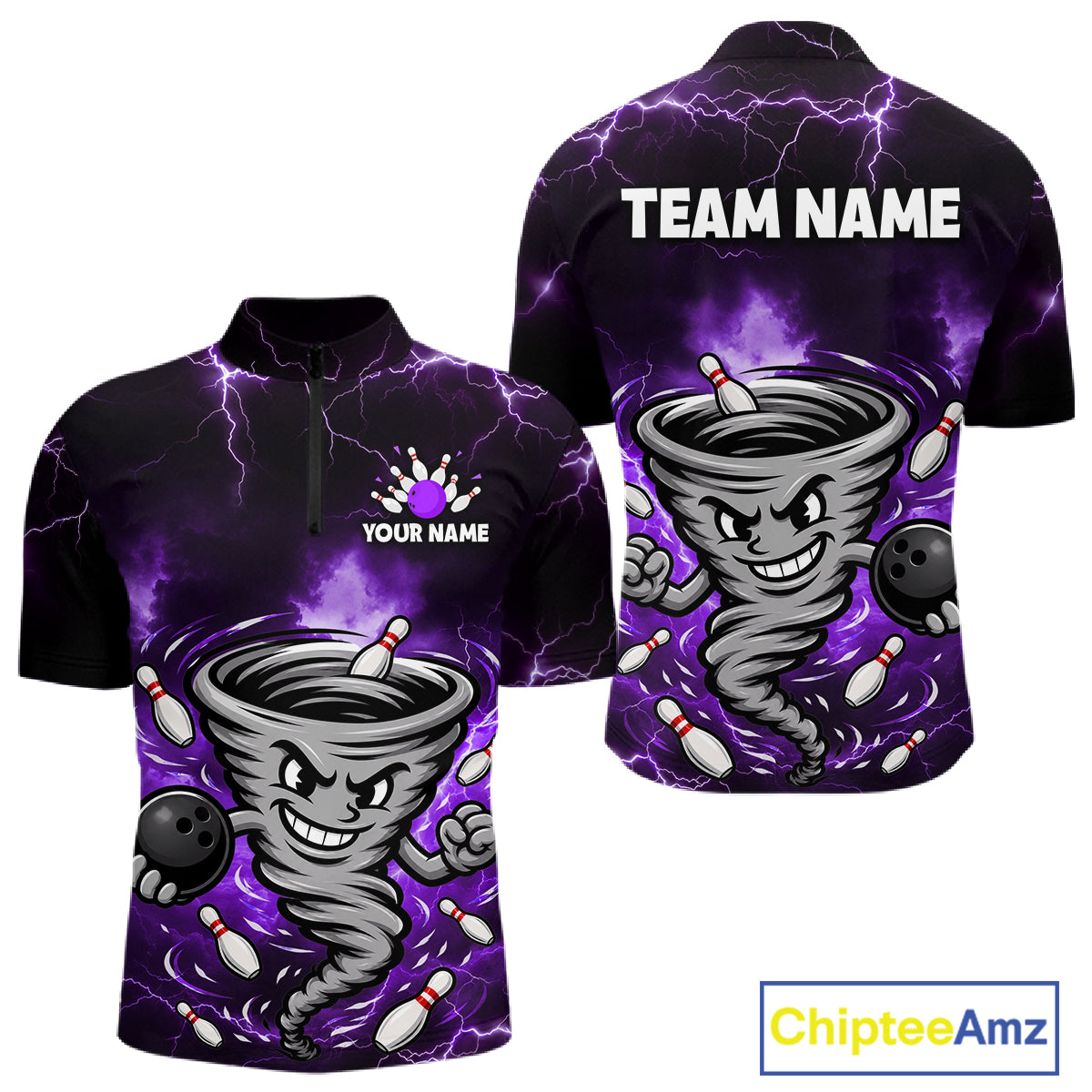 Custom Purple Thunder Lightning Tornado Bowling Jersey for Men Bowling Team Shirts Polo & 1/4 Zip HNT477