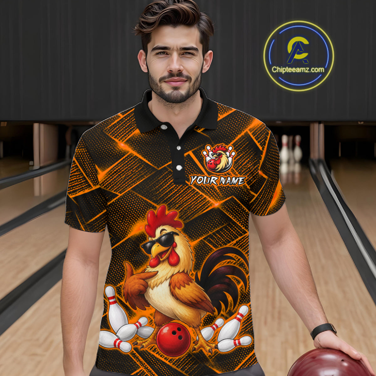 Man wearing a orange and black bowling polo shirt featuring a cool rooster mascot wearing sunglasses, a red bowling ball, bowling pins, and custom your name text.