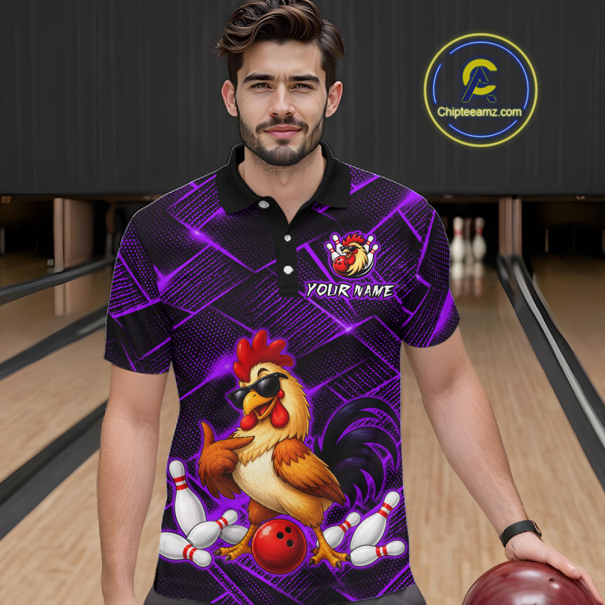 Man wearing a purple and black bowling polo shirt featuring a cool rooster mascot wearing sunglasses, a red bowling ball, bowling pins, and custom your name text.