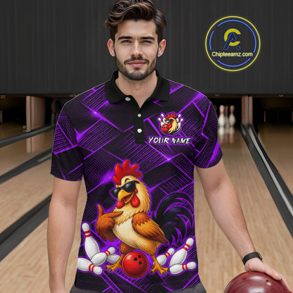 Man wearing a purple and black bowling polo shirt featuring a cool rooster mascot wearing sunglasses, a red bowling ball, bowling pins, and custom your name text.
