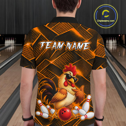 Man wearing a orange and black bowling polo shirt featuring a cool rooster mascot wearing sunglasses, a red bowling ball, bowling pins, and custom team name text.