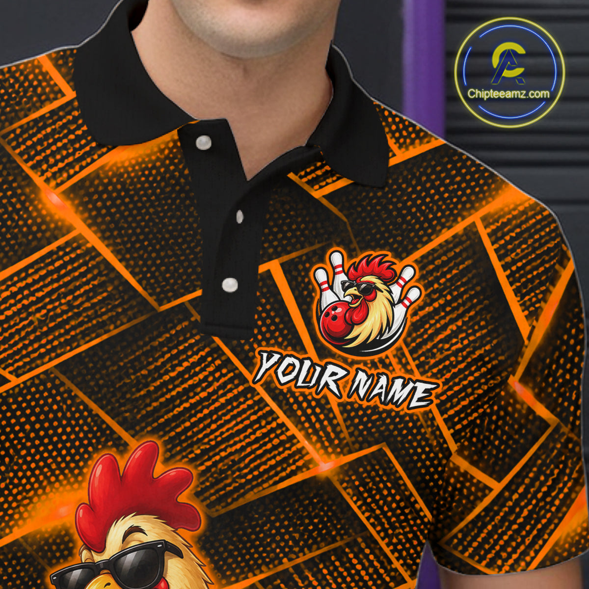 Black and orange polo shirt with rooster design and customizable text, brand 'Chipleemanz' visible.