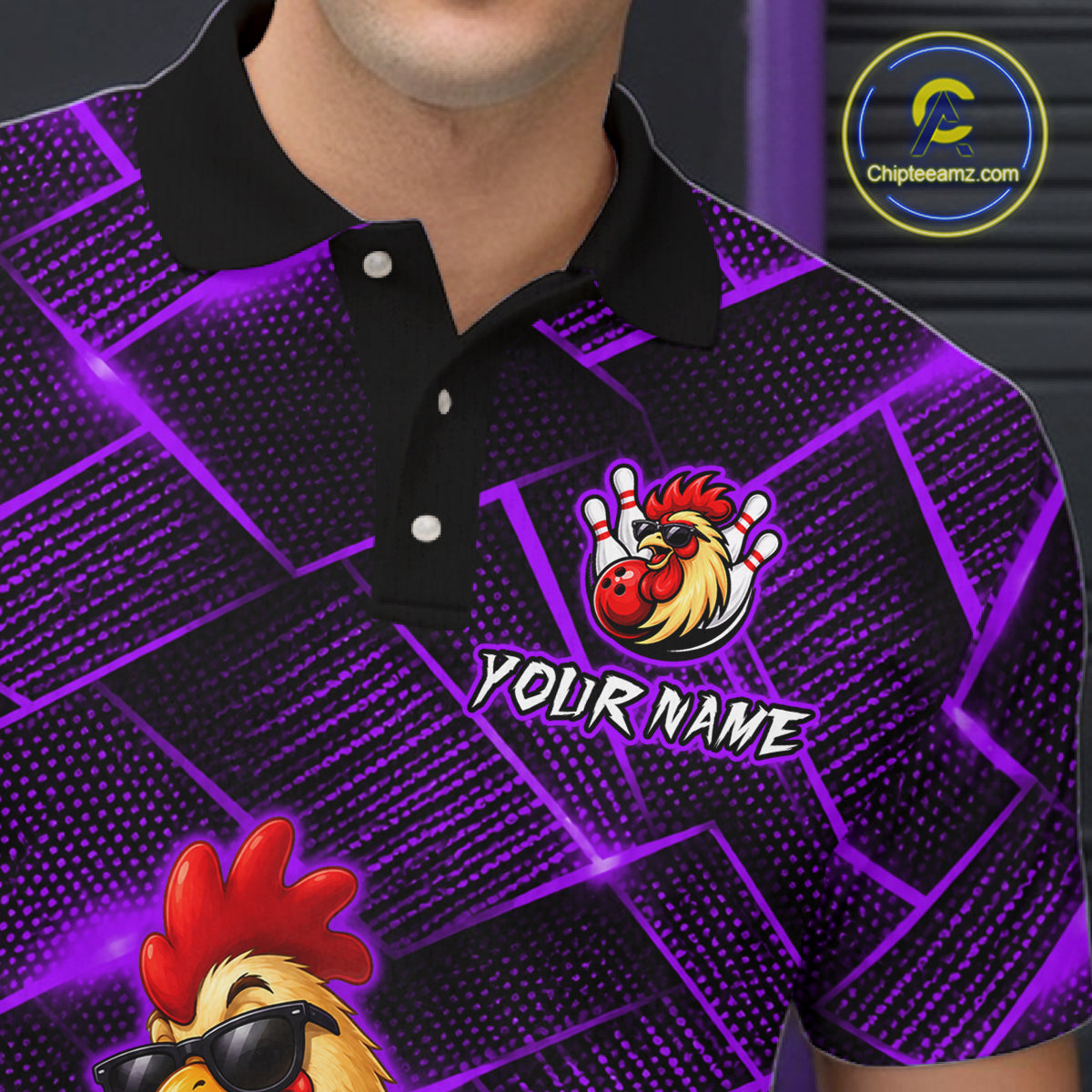 Purple and black patterned shirt with a cartoon rooster design and 'Your Name' text, brand logo visible.