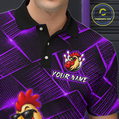 Purple and black patterned shirt with a cartoon rooster design and 'Your Name' text, brand logo visible.