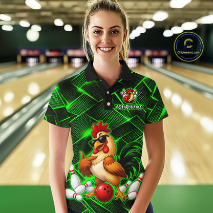 Woman wearing a green and black bowling polo shirt featuring a cool rooster mascot wearing sunglasses, a red bowling ball, bowling pins, and custom your name text.