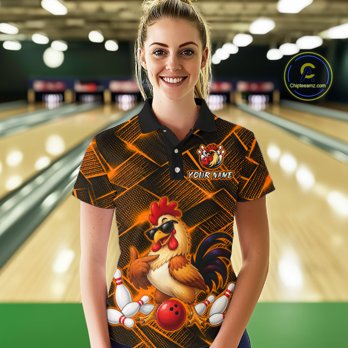Woman wearing a orange and black bowling polo shirt featuring a cool rooster mascot wearing sunglasses, a red bowling ball, bowling pins, and custom your name text.