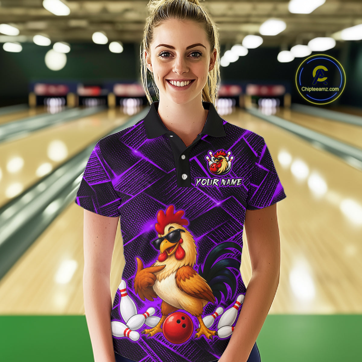 Woman wearing a purple and black bowling polo shirt featuring a cool rooster mascot wearing sunglasses, a red bowling ball, bowling pins, and custom your name text.