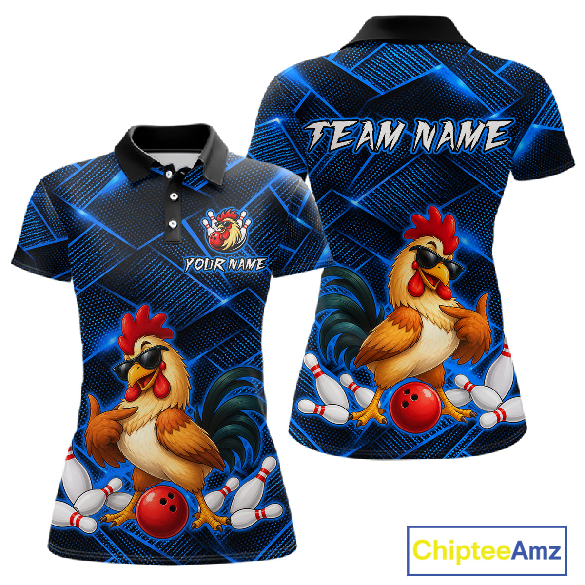 Front and back views of a blue and black bowling polo shirt featuring a cool rooster mascot wearing sunglasses, a red bowling ball, bowling pins, and custom team text.