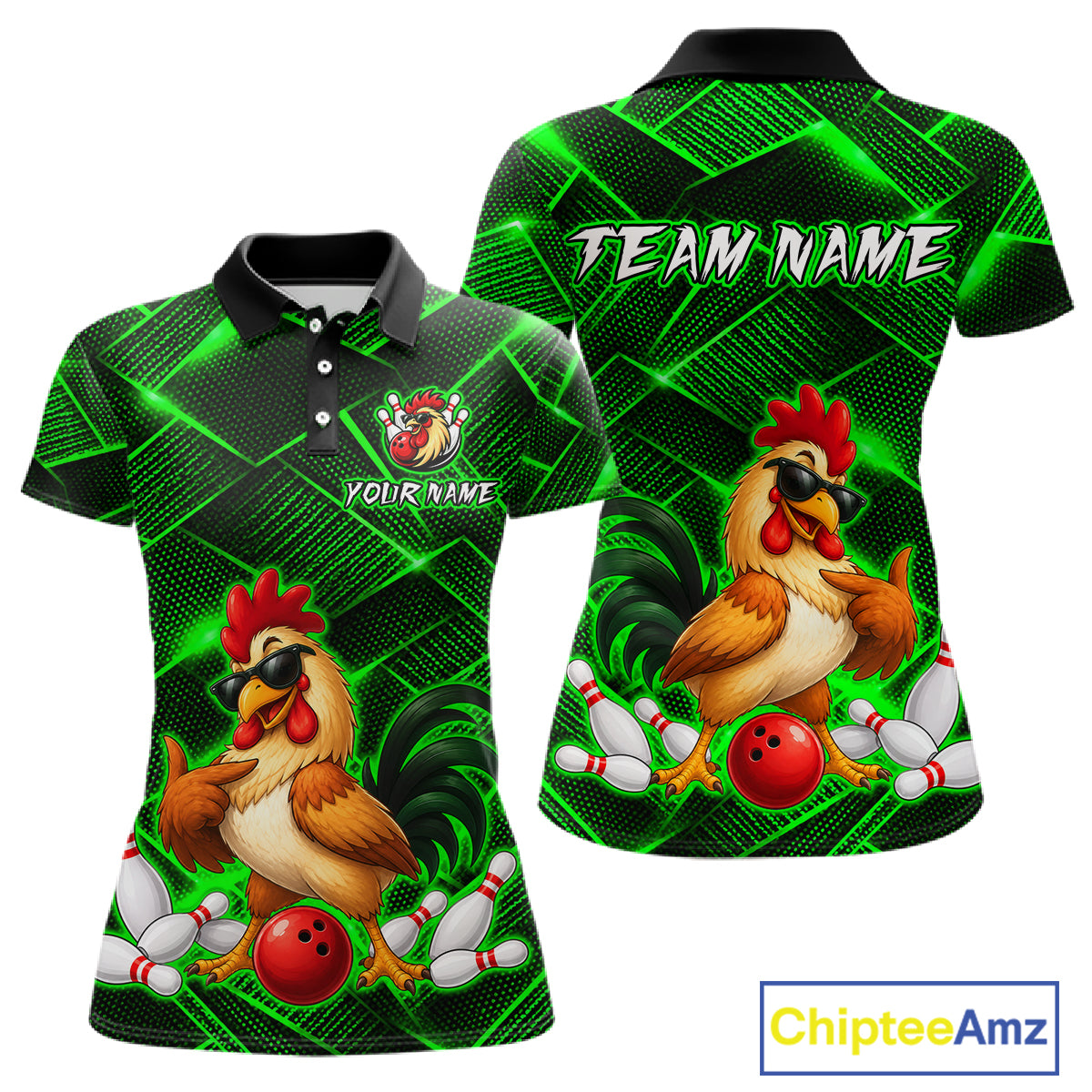 Front and back views of a green and black bowling polo shirt featuring a cool rooster mascot wearing sunglasses, a red bowling ball, bowling pins, and custom team text.