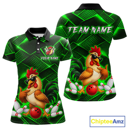 Front and back views of a green and black bowling polo shirt featuring a cool rooster mascot wearing sunglasses, a red bowling ball, bowling pins, and custom team text.